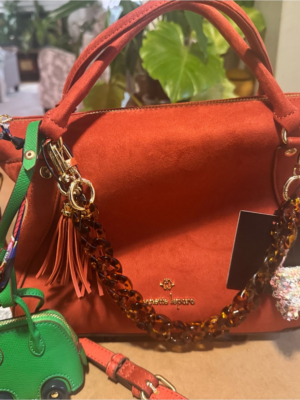 Nanette Lepore Orange Vegan Suede Satchel with Tortoiseshell Chain Accent